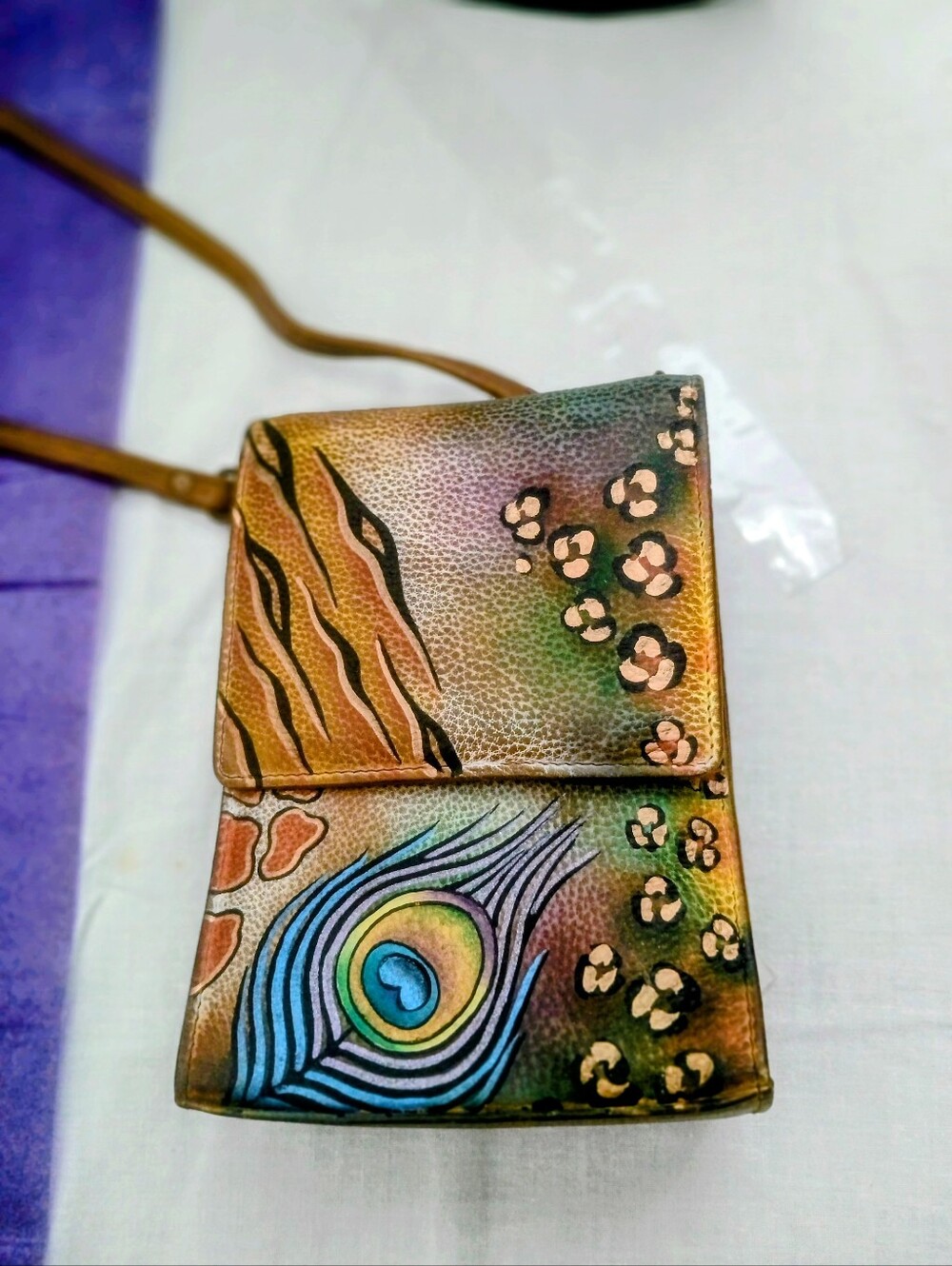 Anuschka Multicolor Peacock Feather & Floral Leather Crossbody Purse Very Good